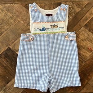 Lil Cactus 2T sailboat/fish/ocean/summer romper Jon Jon. Light blue check.
